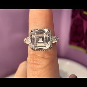 Diamonique Asscher Halo 3 Stone Sterling Ring QVC